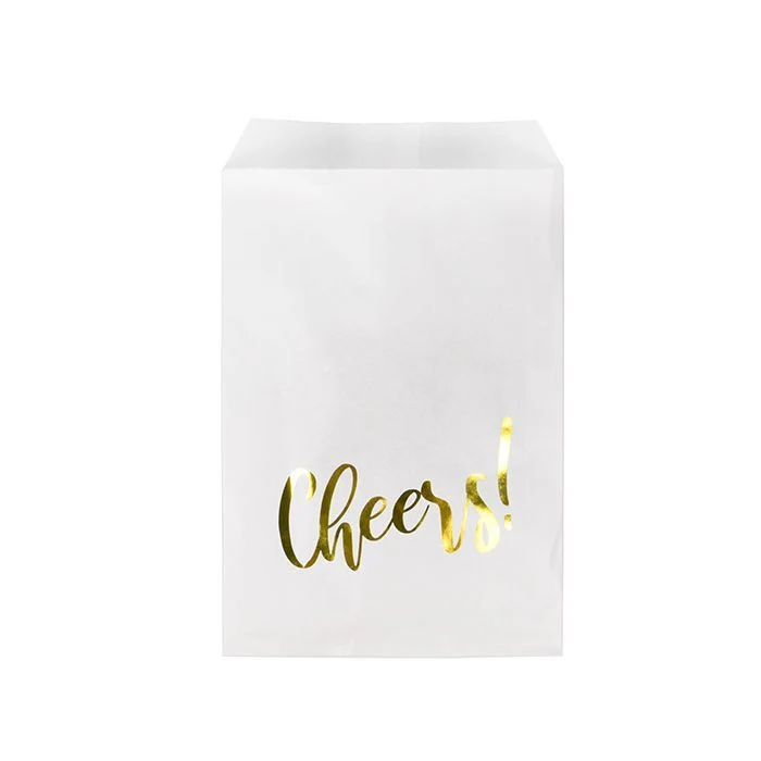 Papier Klappenbeutel Weiß mit Gold "Cheers" 12,7x20,3 cm (100 Stück) [GPB58GCH]