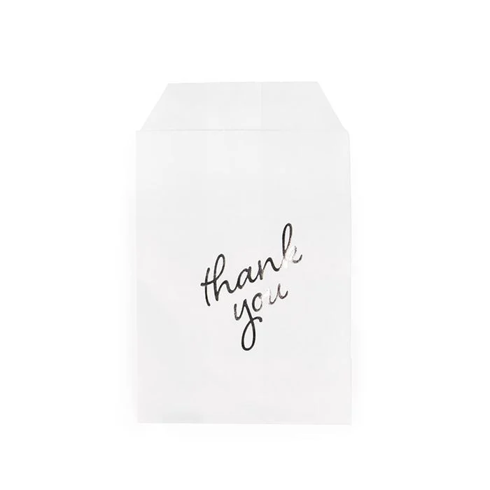 Papier- Klappenbeutel Weiß mit Silber "Thank You" 7,6x12,7 cm (100 Stück) [GPB35ST]