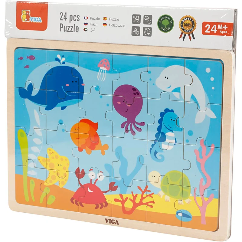 VIGA Holzpuzzle, Meerestiere, Größe 30x22,5 cm, 24 Stücke, 1 Stk [HOB-907791]