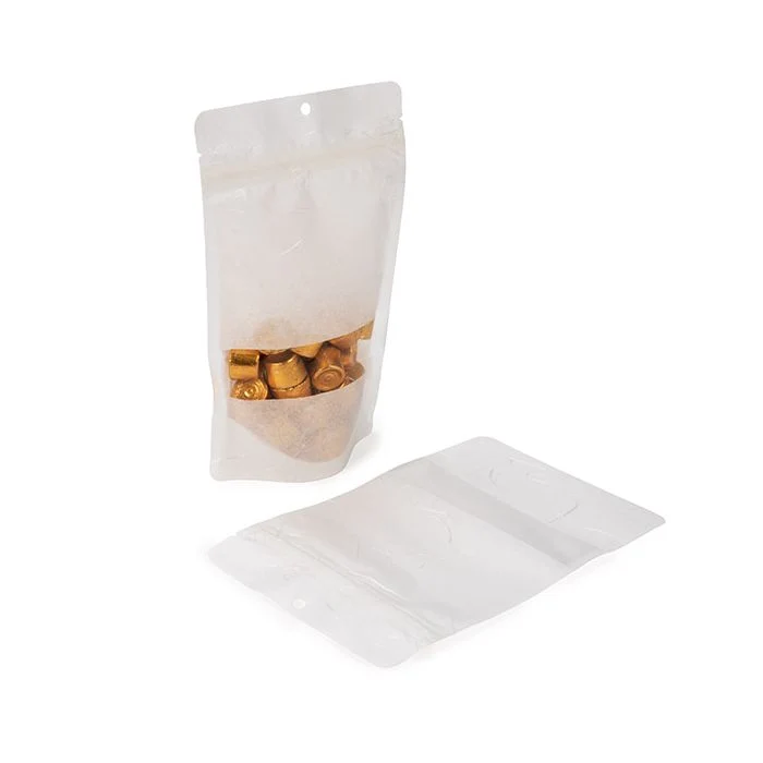 Umweltfreundliche Standbodenbeutel Rice Papier Weiß mit Oval Rectangle mit Hangole 13x7,9x20,6 cm (100 Stück) [ZBGRC3W]