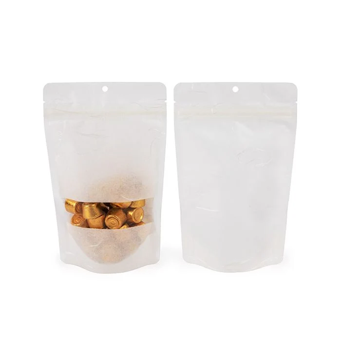 Umweltfreundliche Standbodenbeutel Rice Papier Weiß mit Oval Rectangle mit Hangole 13x7,9x20,6 cm (100 Stück) [ZBGRC3W]