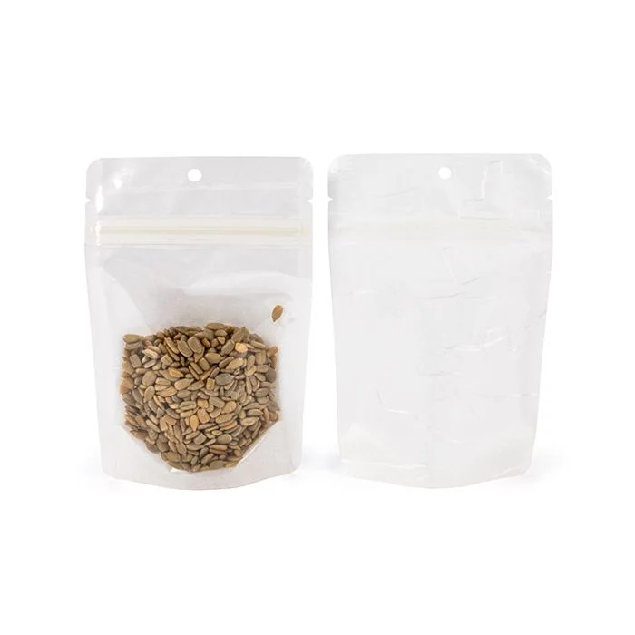 Umweltfreundliche Standbodenbeutel Reispapier Transparent/Weiß mit Aufhängeloch 10,2x6x15,2 cm (100 Stück) [ZBGRC2CW]