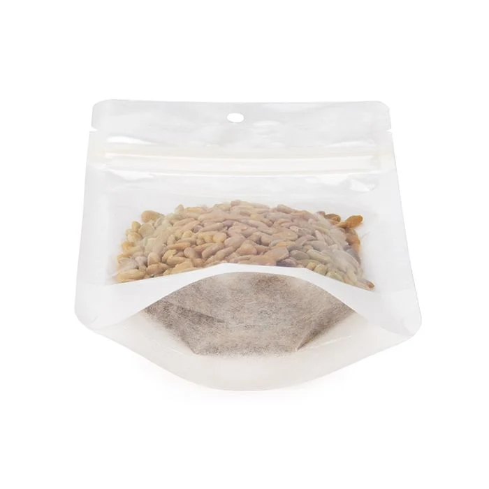 Umweltfreundliche Standbodenbeutel Reispapier Transparent/Weiß mit Aufhängeloch 10,2x6x15,2 cm (100 Stück) [ZBGRC2CW]