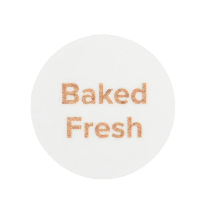 Sticker Rund "Baked Fresh" (Weiß mit Kraft text) 2,5 cm (1 Blatt) [LS1BFK]