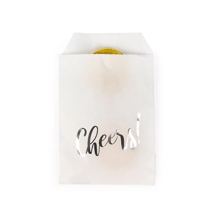 Papier- Klappenbeutel Weiß mit Silber "Cheers" 7,6x12,7 cm (100 Stück) [GPB35SCH]