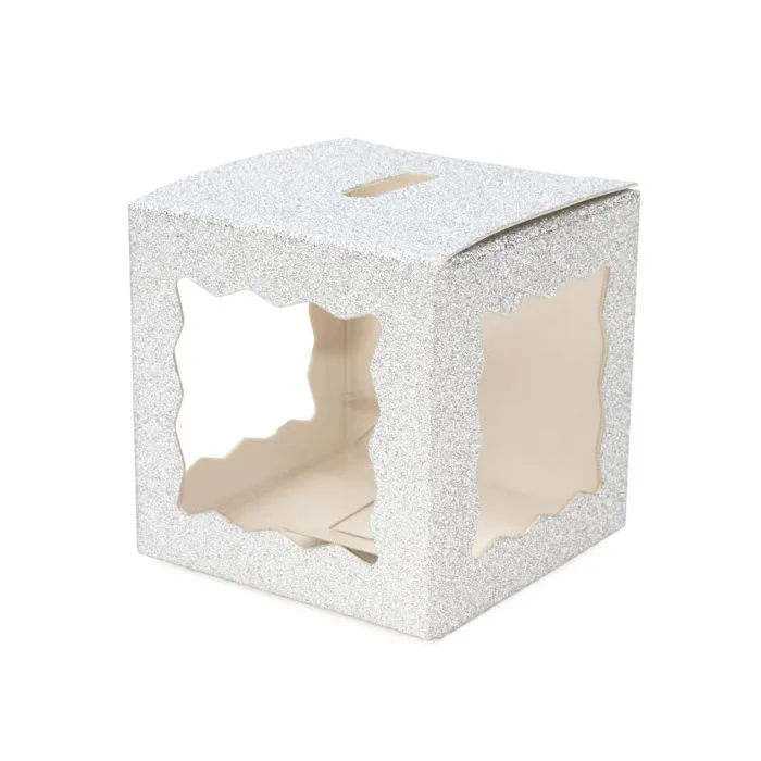 Faltbare Box Glitzer Silber 5,1x5,1x5,1 cm 3 seitiges Fenster (25 Stück) [FB1SGW]