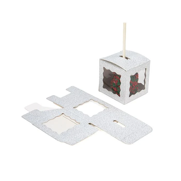 Faltbare Box Glitzer Silber 5,1x5,1x5,1 cm 3 seitiges Fenster (25 Stück) [FB1SGW]