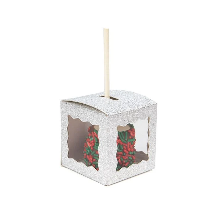 Faltbare Box Glitzer Silber 5,1x5,1x5,1 cm 3 seitiges Fenster (25 Stück) [FB1SGW]