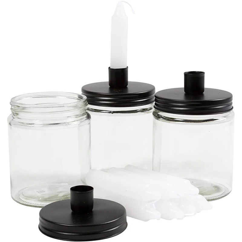 Deckelgläser mit Kerzenhalter und Kerzen, H 15 cm, D 9.5 cm, Größe 15 cm, 6 Set/ 1 Pck [HOB-646097]