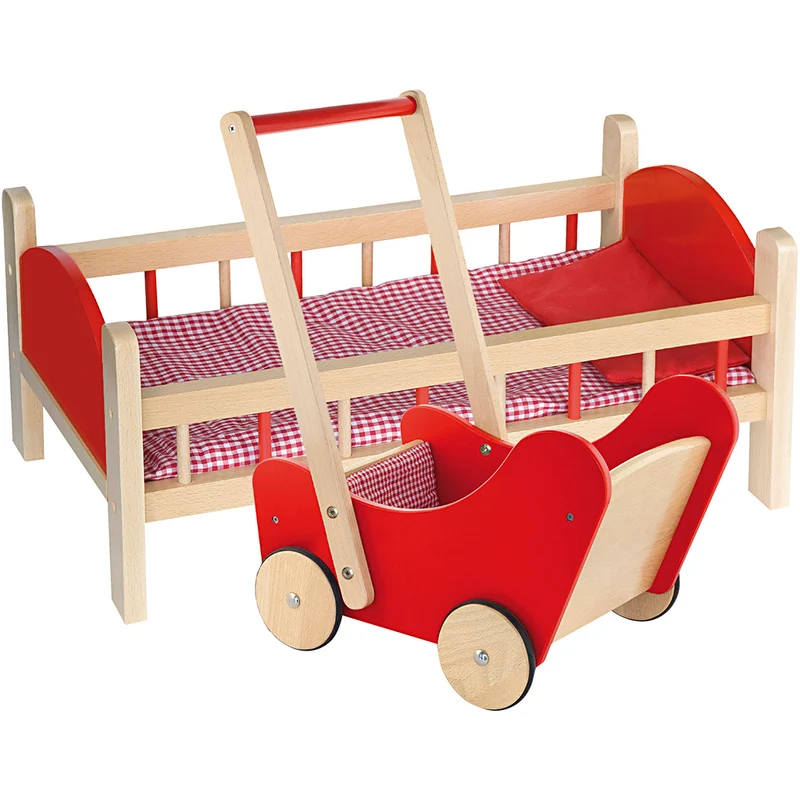 VIGA Puppenbett und Puppenwagen aus Holz, Rot, 2 Teile/ 1 Set [HOB-980948]