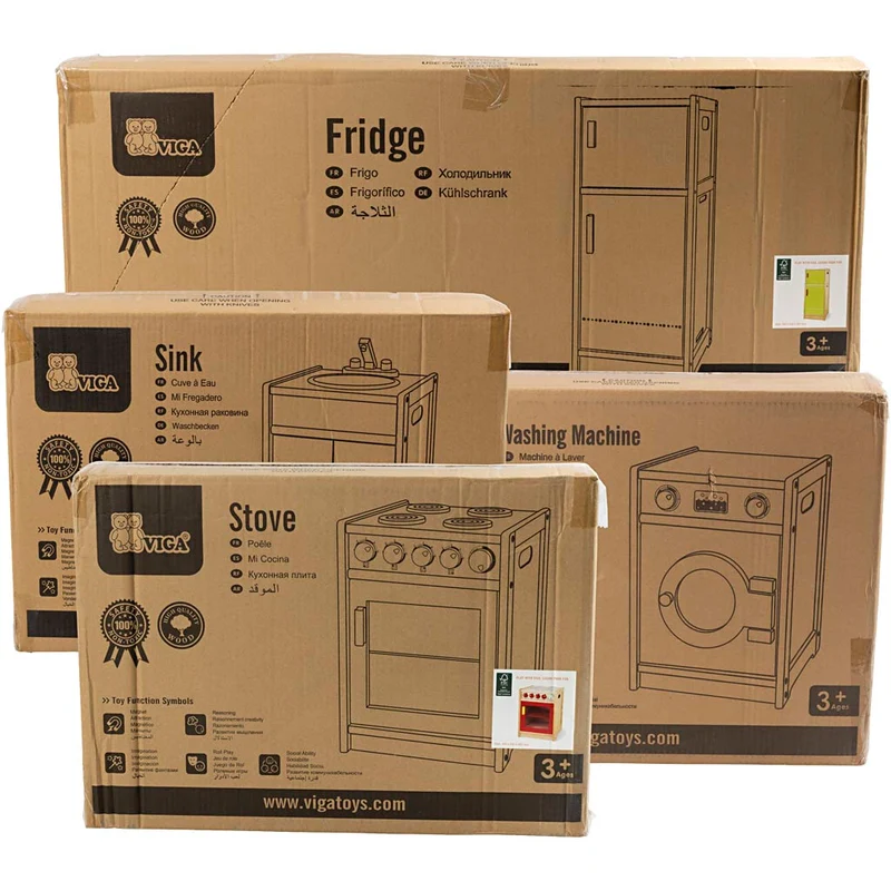 VIGA Spielküche aus Holz, H 54-92 cm, T 36 cm, B 160 cm, 4 Teile/ 1 Set [HOB-908579]