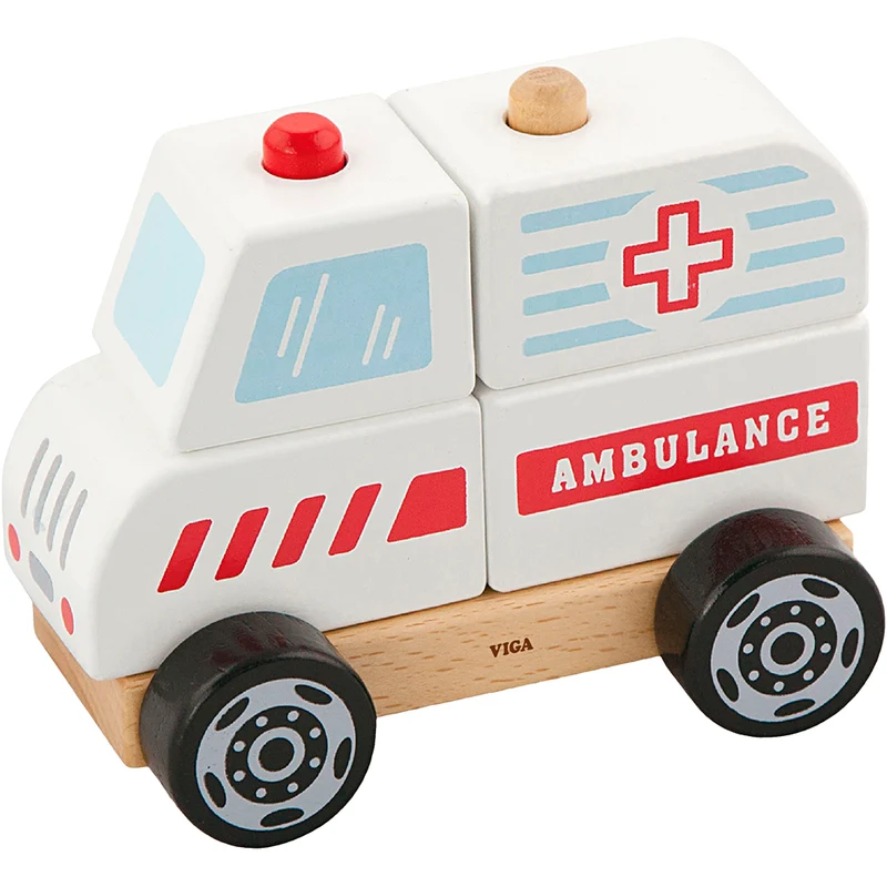 VIGA Ambulanzwagen aus Holzklötzen, Ambulanz, Größe 13x10x8 cm, 1 Stk [HOB-907664]