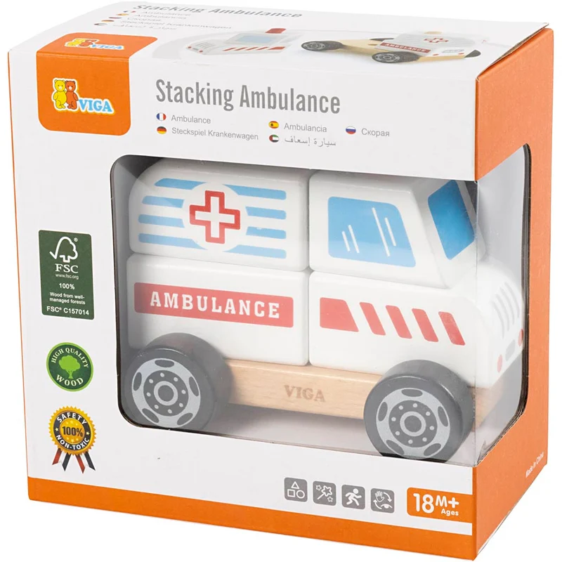 VIGA Ambulanzwagen aus Holzklötzen, Ambulanz, Größe 13x10x8 cm, 1 Stk [HOB-907664]