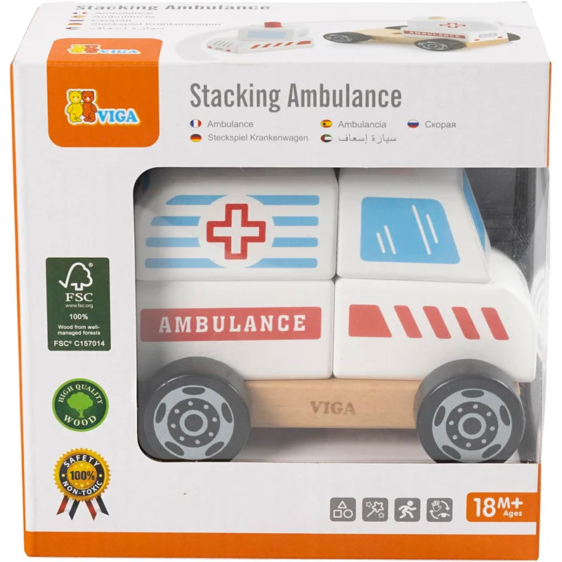 VIGA Ambulanzwagen aus Holzklötzen, Ambulanz, Größe 13x10x8 cm, 1 Stk [HOB-907664]
