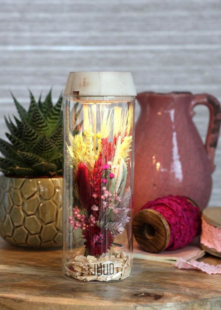 Glaszylinder mit LED im Holzdeckel | H: 23cm (1 Stück) [IFS-30181]