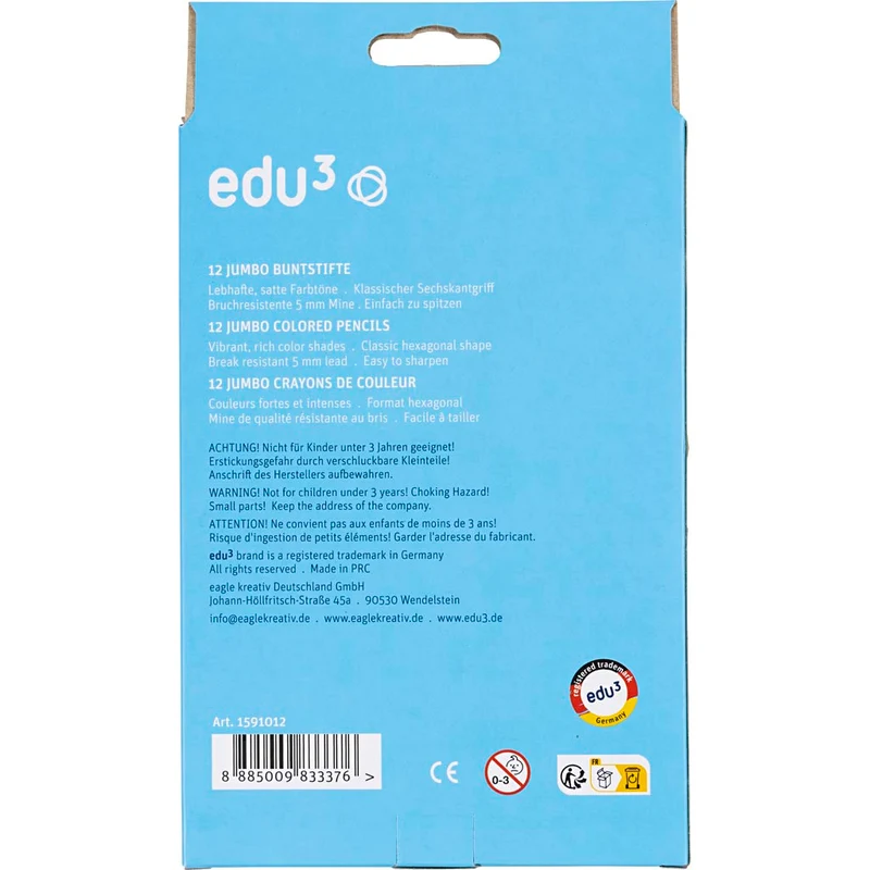 edu3 Jumbo-Buntstifte, Dicke 10 mm, Mine 5 mm, Sortierte Farben, 12 Stk/ 1 Pck [HOB-409812]