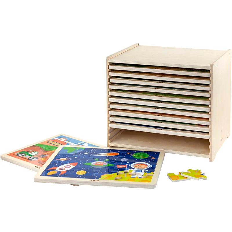 VIGA Puzzleschrank mit 12 Puzzles, H 275, L 315 mm, B 235 mm, Größe 31x27x23 cm, 12X24 Stücke, 12 Teile/ 1 Set [HOB-908540]