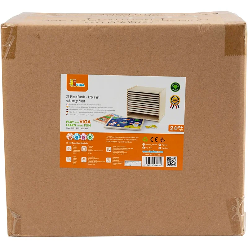 VIGA Puzzleschrank mit 12 Puzzles, H 275, L 315 mm, B 235 mm, Größe 31x27x23 cm, 12X24 Stücke, 12 Teile/ 1 Set [HOB-908540]