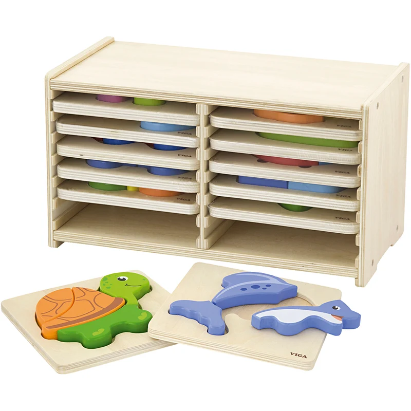 VIGA Puzzleschrank mit 12 Puzzles, H 17,5 cm, L 31,5, B 16 cm, 2 Stücke, 12 Teile/ 1 Set [HOB-908538]