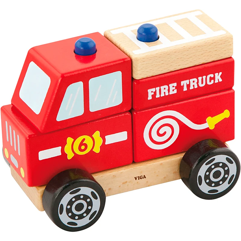 VIGA Feuerwehrauto aus Holzklötzen, Feuerwehrauto, Größe 13x10x8 cm, 1 Stk [HOB-907663]
