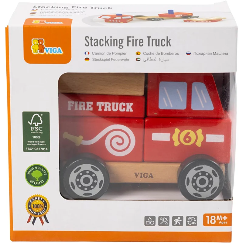 VIGA Feuerwehrauto aus Holzklötzen, Feuerwehrauto, Größe 13x10x8 cm, 1 Stk [HOB-907663]