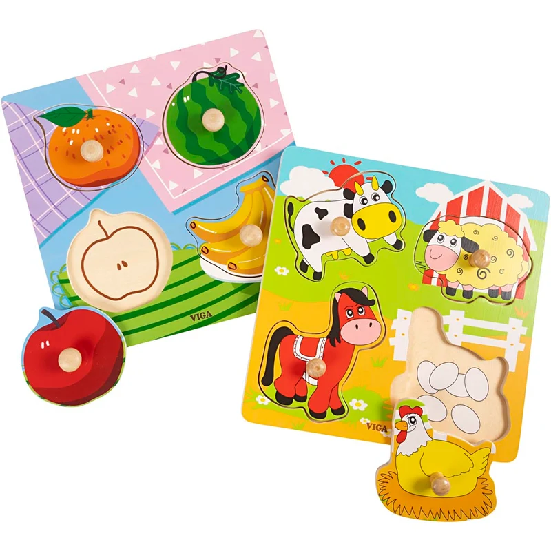 VIGA Laubsäge-Puzzle aus Holz mit Griff, Obst und Bauernhoftiere, Größe 22x22 cm, 2x4 Stücke, 2 Teile/ 1 Set [HOB-908524]