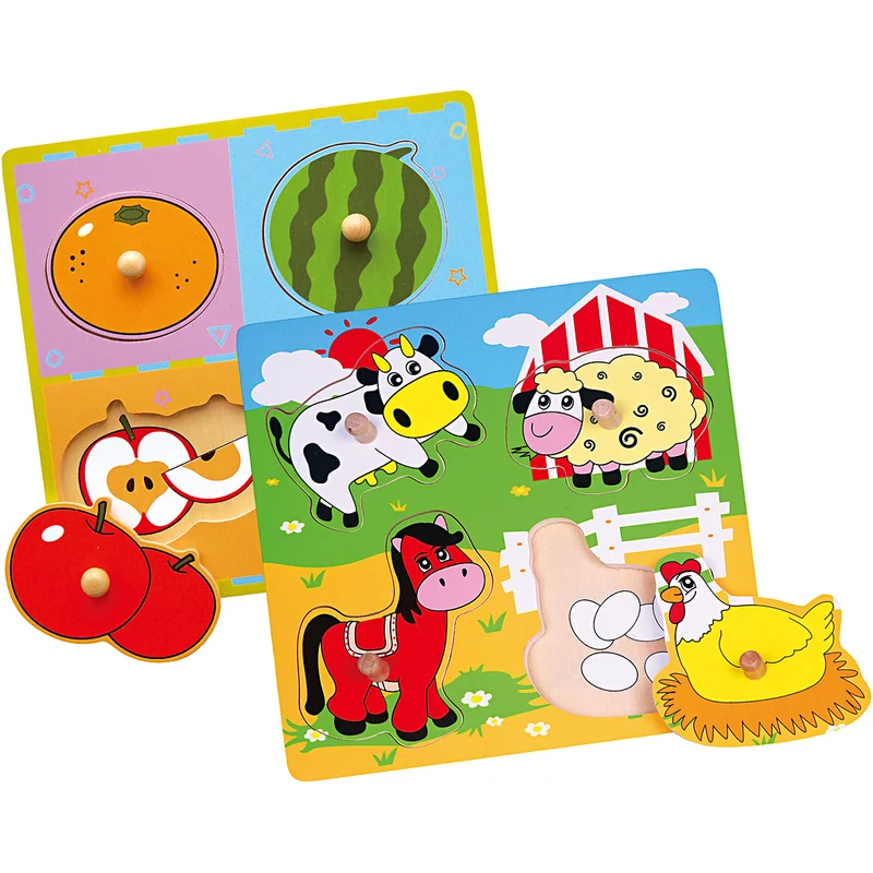 VIGA Laubsäge-Puzzle aus Holz mit Griff, Obst und Bauernhoftiere, Größe 22x22 cm, 2x4 Stücke, 2 Teile/ 1 Set [HOB-908524]