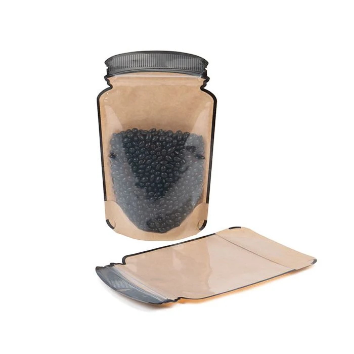 Standbodenbeutel Kraft/Transparent Glasgefäß-Form 13x7.6x20.6cm (100 Stück) [SP3KCZ]