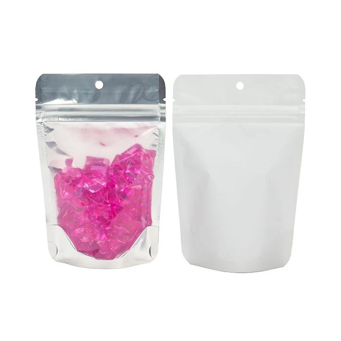 Standbodenbeutel Transparent/Weiß 10.2x6x15.2cm mit Aufhängeloch (100 Stück) [ZBGW2H]