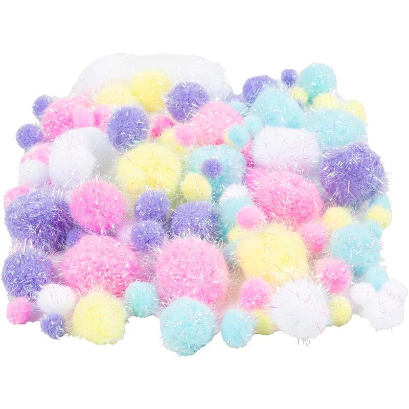 Pompons, D 15-40 mm, Glitter, ca. 75 Stk, Pastellfarben, 62 g/ 1 Pck [HOB-518950]