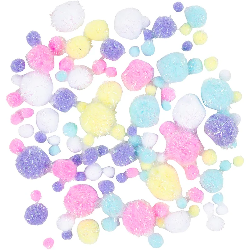 Pompons, D 15-40 mm, Glitter, ca. 75 Stk, Pastellfarben, 62 g/ 1 Pck [HOB-518950]