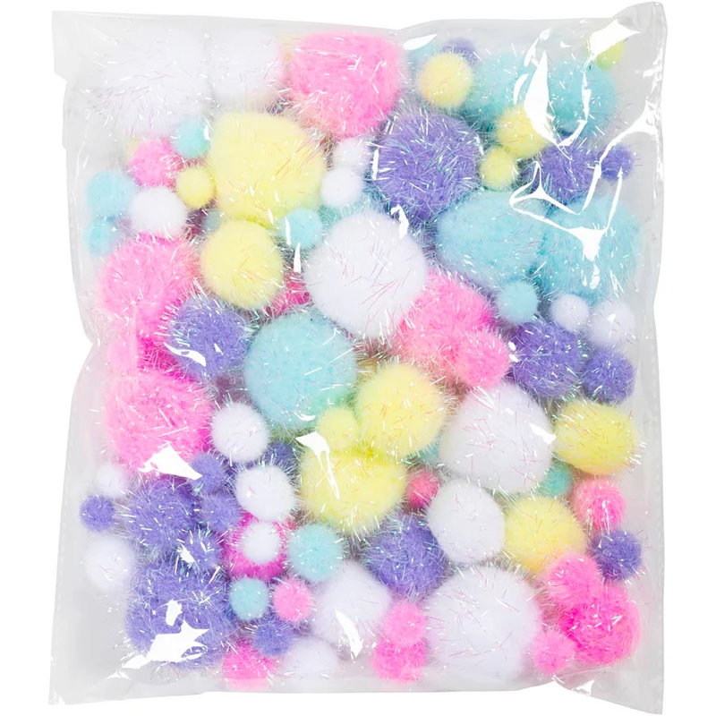 Pompons, D 15-40 mm, Glitter, ca. 75 Stk, Pastellfarben, 62 g/ 1 Pck [HOB-518950]