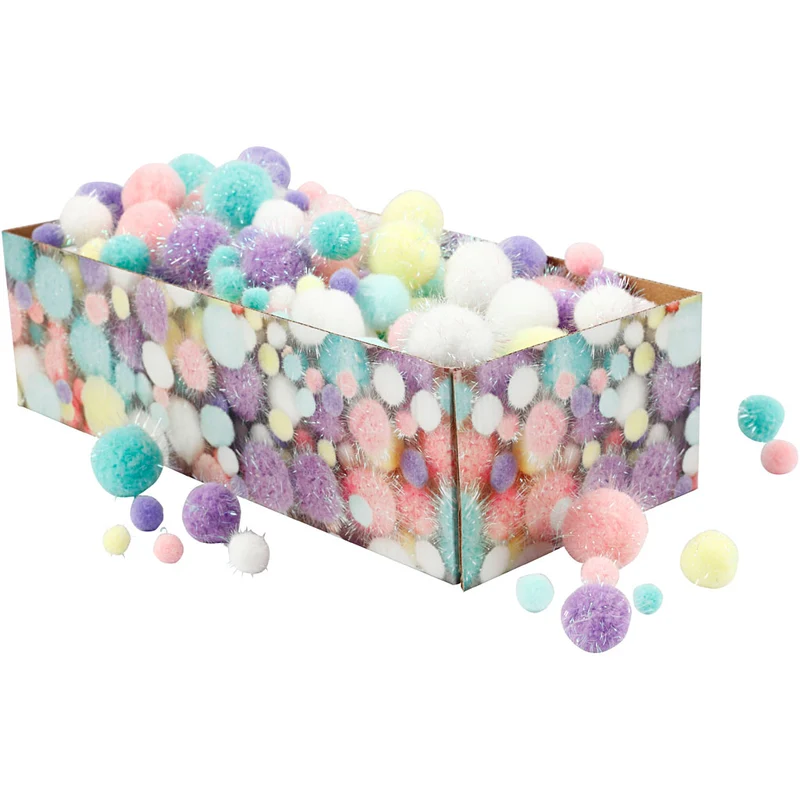 Pompons, D 15-40 mm, Glitter, ca. 400 Stk, Pastellfarben, 400 g/ 1 Pck [HOB-51895]