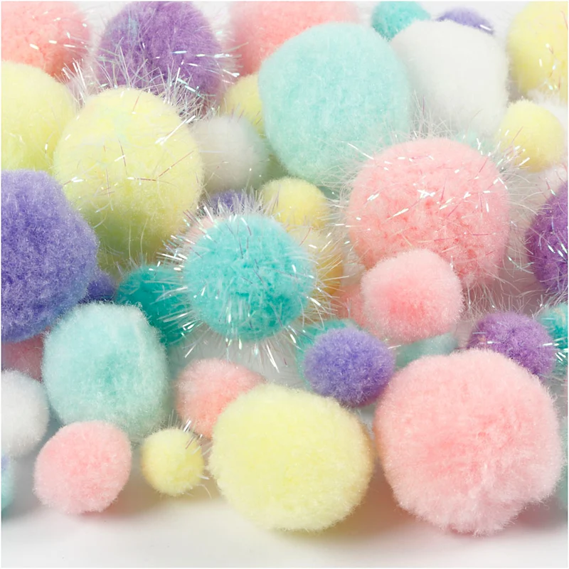 Pompons, D 15-40 mm, Glitter, ca. 400 Stk, Pastellfarben, 400 g/ 1 Pck [HOB-51895]