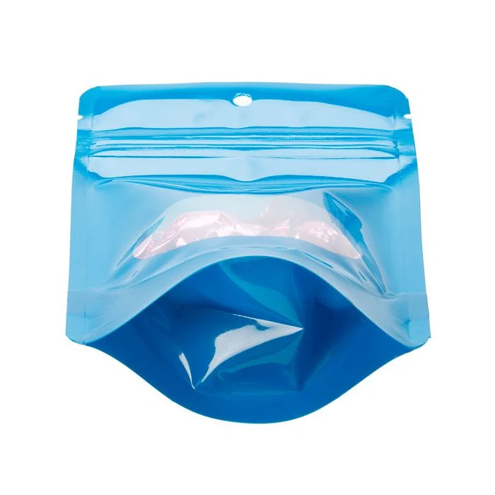 Standbodenbeutel Blau mit rundem Sichtfenster & Aufhängeloch 10.2x6x15.2cm 57 Gramm (100 Stück) [ZBGO2BLH]