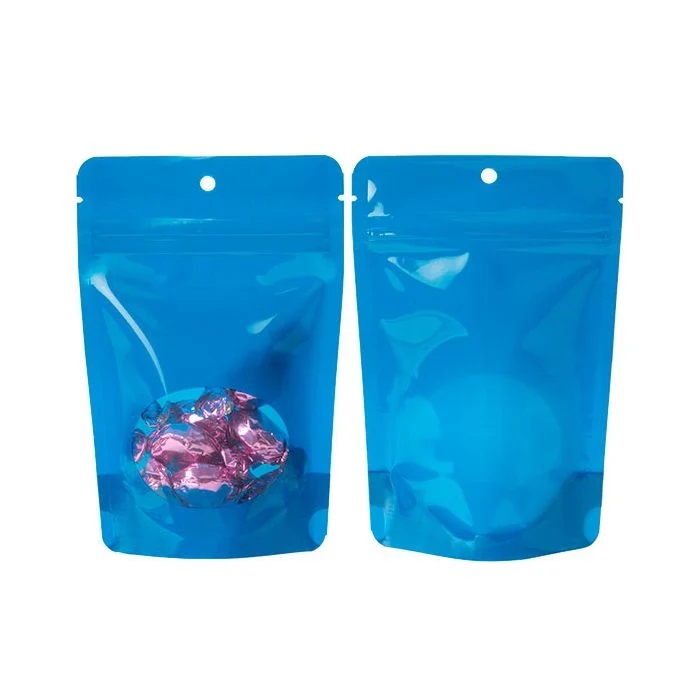 Standbodenbeutel Blau mit rundem Sichtfenster & Aufhängeloch 10.2x6x15.2cm 57 Gramm (100 Stück) [ZBGO2BLH]