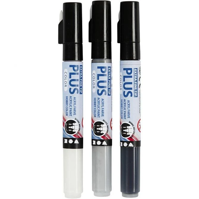 Plus Color Marker, L 14,5 cm, Strichstärke 0,7 mm, Schwarz, Naturweiß, Regengrau, 5,5 ml, 3 Stk/ 1 Pck [HOB-39991]