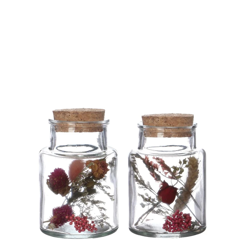 Glasmedikamentenflaschen mit zwei Trockenblumen Ø7cm (12 Stück) [IFS-29394]