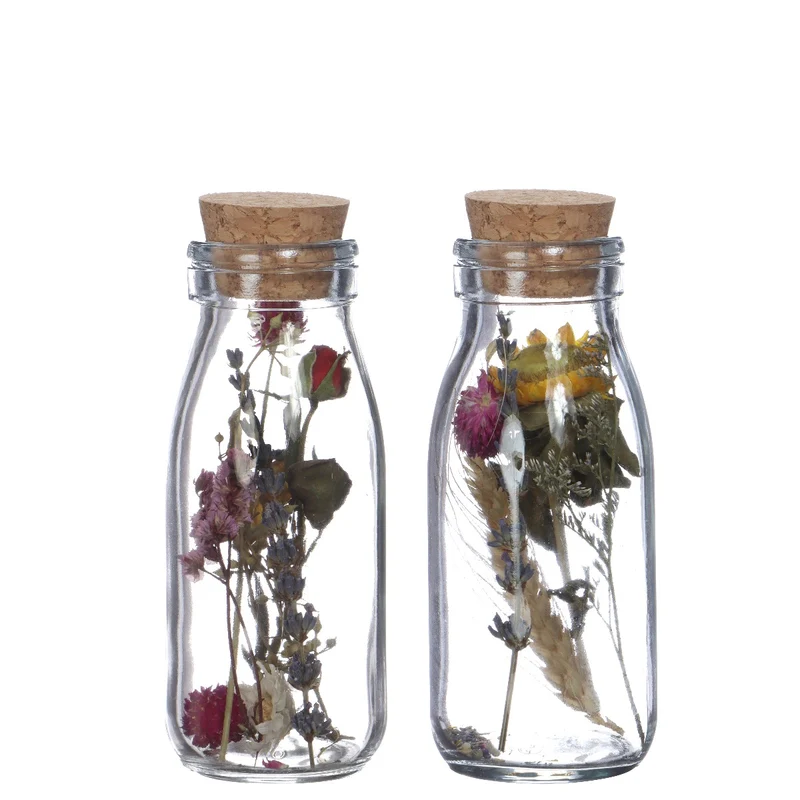 Glasmilchflaschen mit zwei Trockenblumen Ø6cm (12 Stück) [IFS-29391]