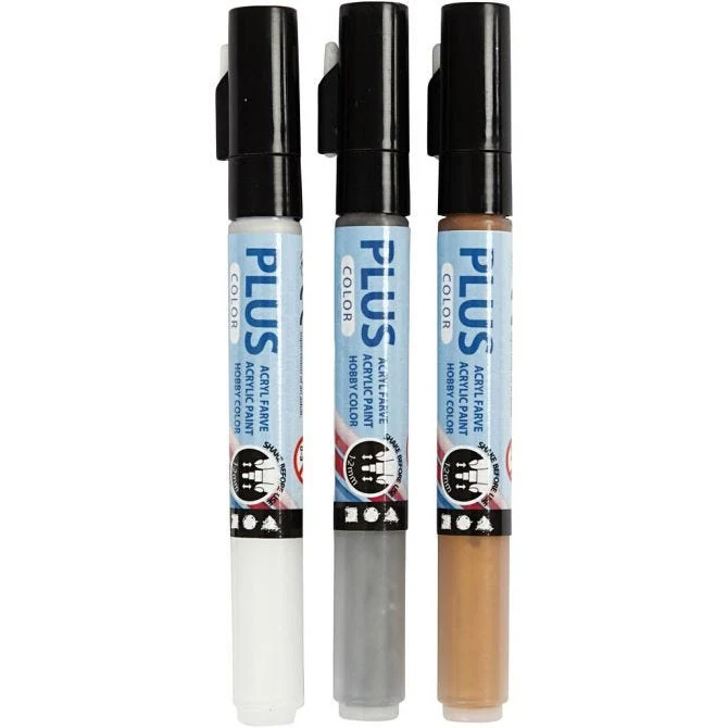 Plus Color Marker, L 14,5 cm, Strichstärke 1-2 mm, Gold, Silber, Naturweiß, 5,5 ml, 3 Stk/ 1 Pck [HOB-39892]