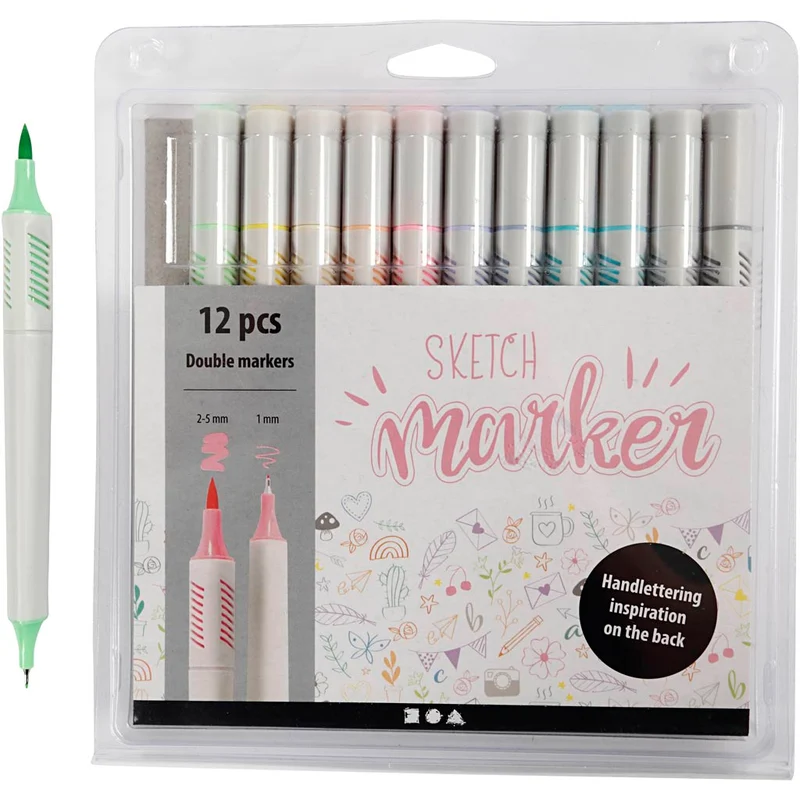 Sketch Marker, Strichstärke 1+2-5 mm, Pastellfarben, 12 Stk/ 1 Pck [HOB-37380]