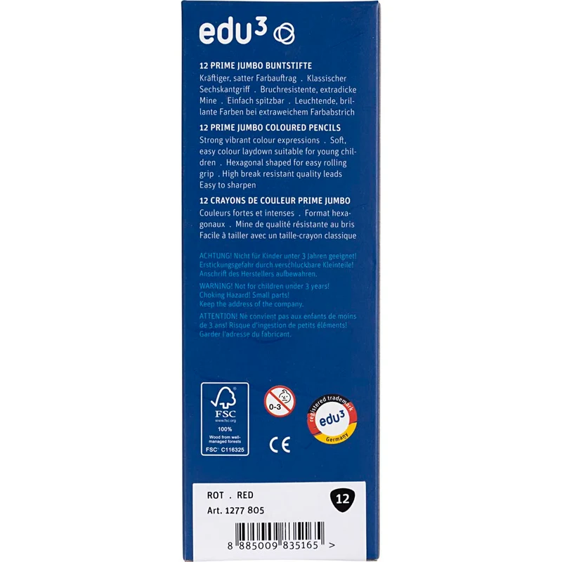 edu3 Jumbo-Buntstifte, Dicke 10 mm, Mine 6,25 mm, Dunkelrot, 12 Stk/ 1 Pck [HOB-408034]