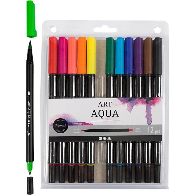 Aquarell-Filzstifte, Strichstärke 2+4-8 mm, Standard-Farben, 12 Stk/ 1 Pck [HOB-34339]