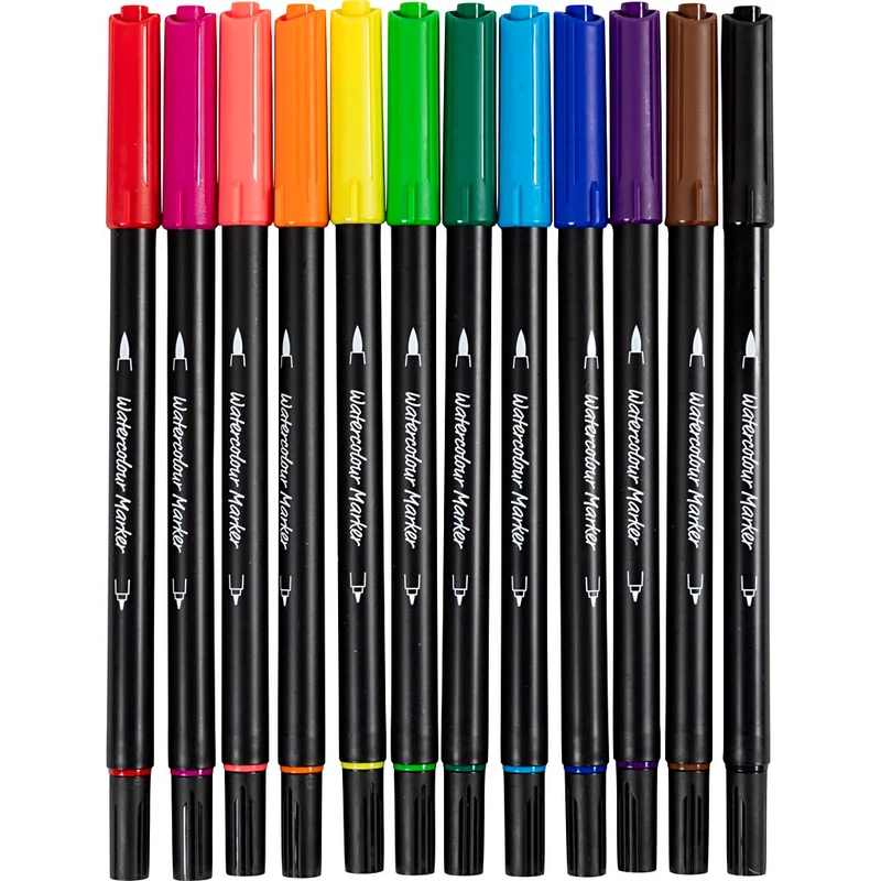 Aquarell-Filzstifte, Strichstärke 2+4-8 mm, Standard-Farben, 12 Stk/ 1 Pck [HOB-34339]