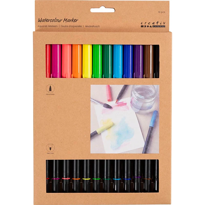Aquarell-Filzstifte, Strichstärke 2+4-8 mm, Standard-Farben, 12 Stk/ 1 Pck [HOB-34339]