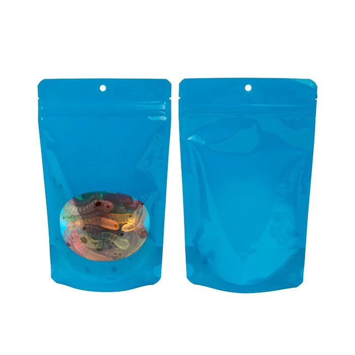 Standbodenbeutel Blau mit rundem Sichtfenster & Aufhängeloch 13x7.9x20.6cm 113 Gramm (100 Stück) [ZBGO3BLH]