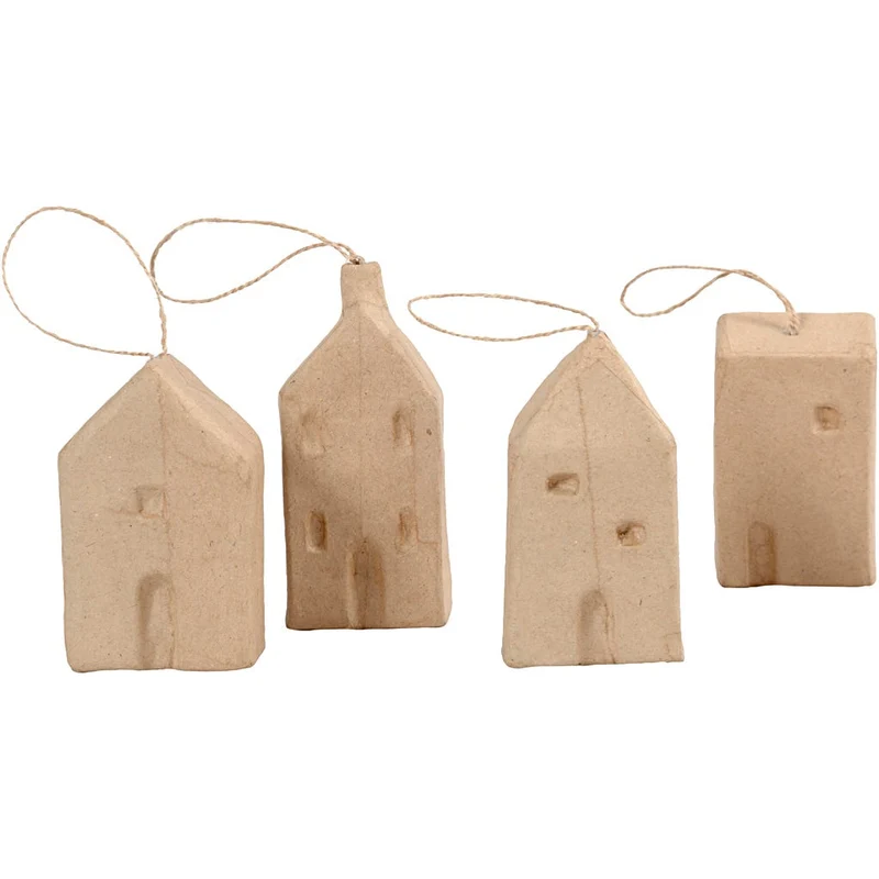 Pappmaché-Haus, H 9,5-12 cm, L 5,5-6,5 cm, B 3 cm, 4 Stk/ 1 Pck [HOB-549110]