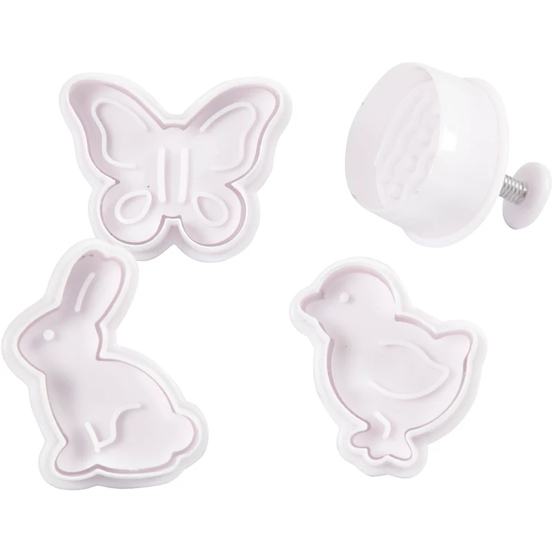 Ausstecher mit Stempelgriff, Osterei, Häschen, Küken, Schmetterling, H 5 cm, Weiß, 4 Stk/ 1 Pck [HOB-782872]