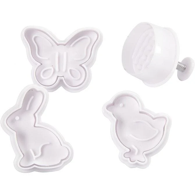 Ausstecher mit Stempelgriff, Osterei, Häschen, Küken, Schmetterling, H 5 cm, Weiß, 4 Stk/ 1 Pck [HOB-782872]