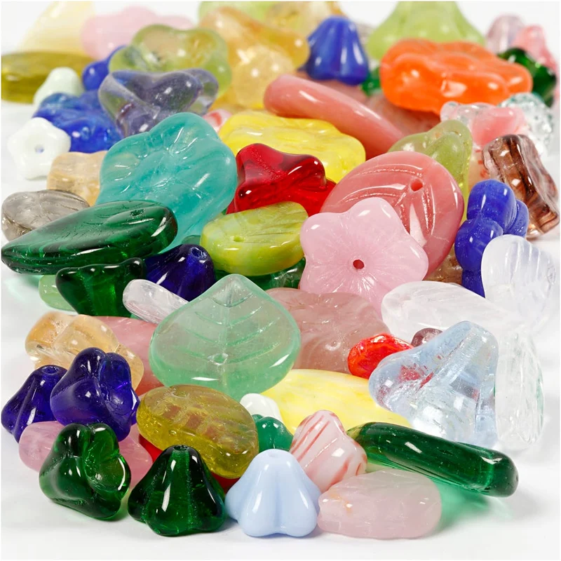 Glasperlen, Blätter, Blumen, D 6-17 mm, Lochgröße 0,5-1,5 mm, Sortierte Farben, 60 g/ 1 Pck [HOB-684260]
